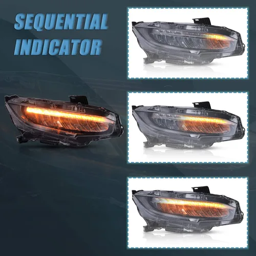 Miniatura 4 de VLAND Conjunto de faros delanteros para Honda Civic DRL 2016-2021 de 10ª generación con animación de inicio 44-46/Azul DRL