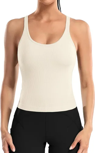 Miniatura 63 de ATTRACO Camiseta corta acanalada de entrenamiento para mujer con brasier integrado para yoga, espalda cruzada, ajuste ajustado