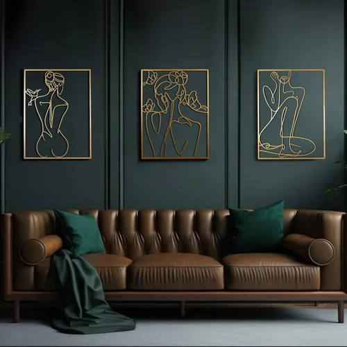 Arte de pared de metal dorado XL, 18 x 24 pulgadas, decoración de 3 piezas para sala de estar, arte enmarcado femenino, extra grueso con tornillos