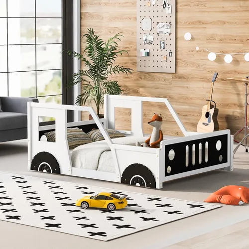Miniatura 9 de Polibi Cama de plataforma, tamaño individual, cama clásica de madera en forma de automóvil con ruedas, cabecero, estribo, puertas, ventanas