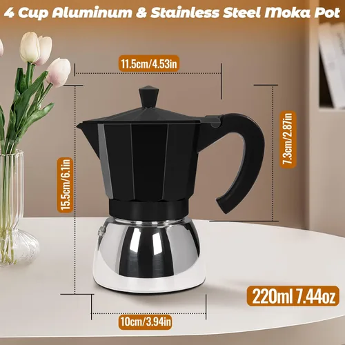 Miniatura 2 de Sin Recubrimiento 4 Tazas Olla de Moka de Aluminio y Acero Inoxidable para Preparar Espresso en Estufa, Cafetera Italiana de 220ml 7.44oz Adecuada