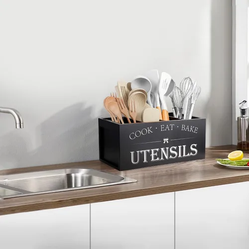 Miniatura 7 de Suli Soporte extra grande para utensilios de cocina con 4 compartimentos, organizador de utensilios de madera para encimera de cocina, decoración