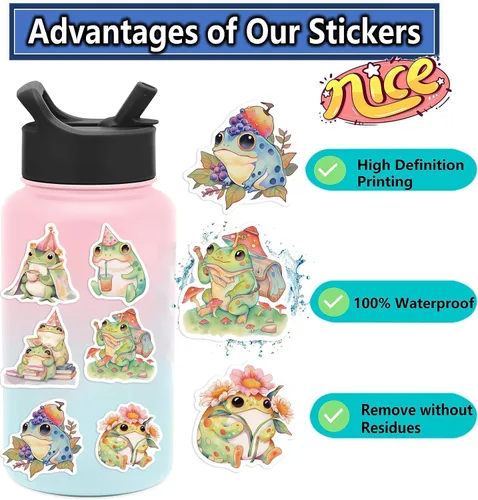 Miniatura 3 de 50 PIEZAS Pegatinas de Ranas de Dibujos Animados Lindas Pegatinas de Animales Verdes para Diario, Laptop, Álbum de Recortes, Botellas de Agua