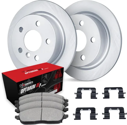 R1 Concepts Frenos traseros y rotores | Hardware incluido | Kit de pastillas de freno y rotores de freno trasero óptimo OEp | Compatible con Ford