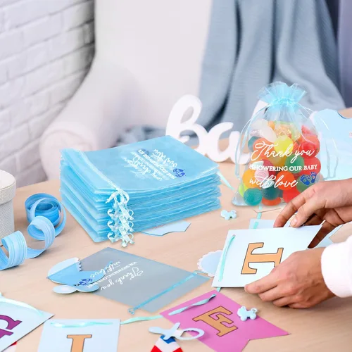 Miniatura 7 de Jspupifip 100 bolsas de regalo de agradecimiento para bebé, bolsas azules de 4 x 6 pulgadas, organza transparente, a granel para invitados