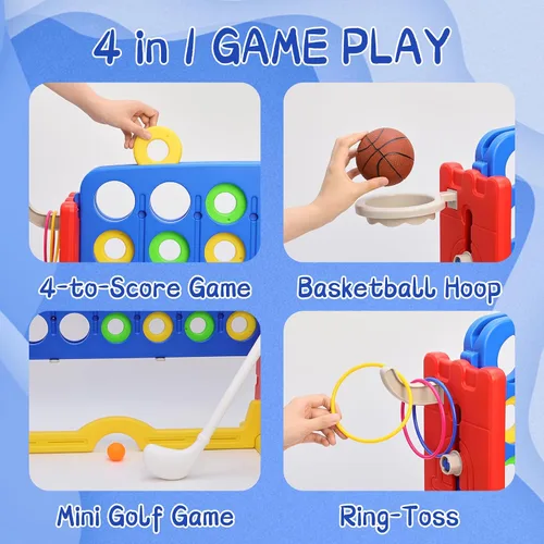 Miniatura 3 de Juego gigante 4 en una fila, juego de patio jumbo de ajuste de altura para niños y adultos con bolsa de captura de malla, golf, aro de baloncesto