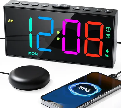 Miniatura 11 de Reloj despertador fuerte para adultos que duermen profundamente, con vibración para la cama y 2 alarmas para todos los días/días laborables/fin
