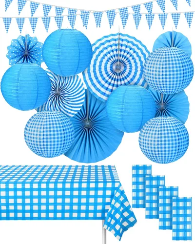 Hortsun 18 piezas de decoración de fiesta de pícnic, suministros de fiesta de cuadros a cuadros que incluyen banderines a cuadros, abanicos de papel