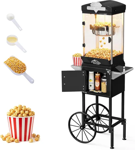 Máquina de palomitas de maíz, carrito de máquina de palomitas vintage de 10 onzas con ruedas, estilo profesional de cine para hacer hasta 40 tazas,