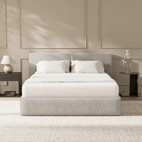 Miniatura 11 de RECCI Base de cama de plataforma con cabecero tapizado de felpa, estabilidad sin ruido, fácil montaje, listones de madera