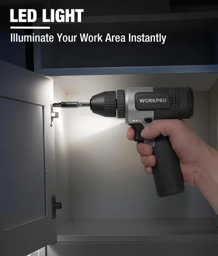 Miniatura 6 de WORKPRO Juego de taladro inalámbrico de 8 V, taladro eléctrico de 2 Ah con portabrocas sin llave de 3/8 pulgadas, 15 puntas, carga tipo C, LED