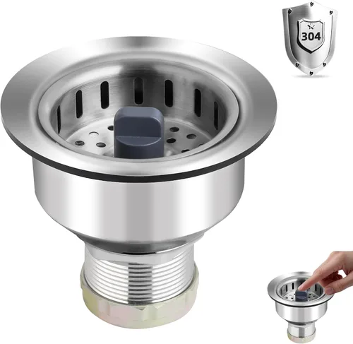 Miniatura 10 de Combo Universal 3 en 1 de Colador y Tapón de Drenaje para Fregadero de Cocina, Carcasa de Acero Inoxidable Negro con Tapón Emergente para Filtro