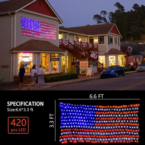 Miniatura 4 de Luces de red de bandera estadounidense, decoraciones del 4 de julio, 420 luces LED de bandera de Estados Unidos, adorno patriótico impermeable