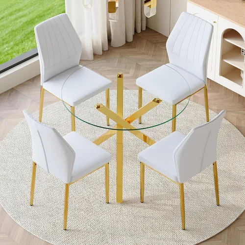 Miniatura 17 de Juego de mesa de comedor redonda de vidrio para 4, mesa de cocina redonda de 39 pulgadas y sillas para 4 personas con tapa de vidrio templado y base