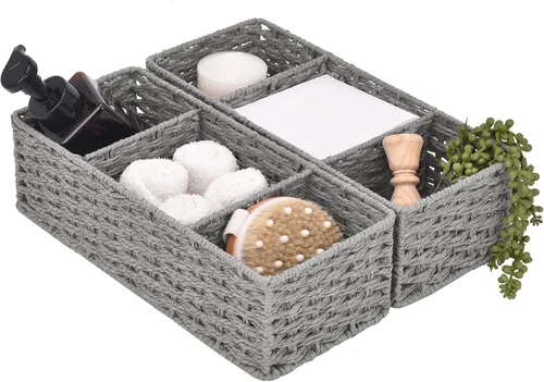 Miniatura 11 de StorageWorks Cestas de papel higiénico para estantes, cestas de mimbre de 3 secciones, cesta de inodoro para tapa de depósito, encimera, despensa