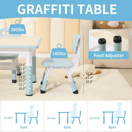 Miniatura 3 de Hulaibit - Juego de mesa y 2 sillas para niños, mesa de altura ajustable para niños pequeños con cubiertas antideslizantes para los pies, mesa