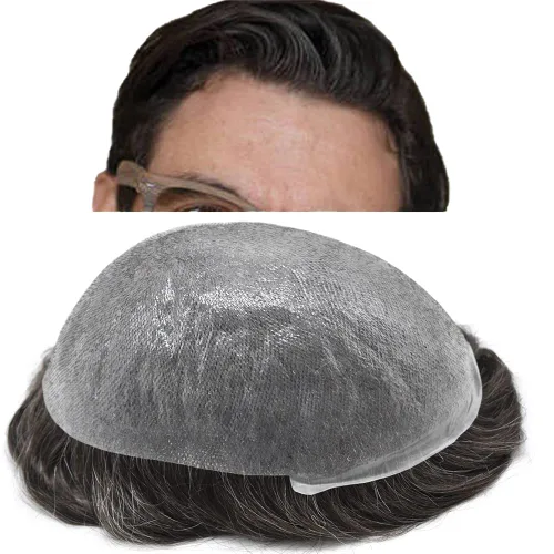 Miniatura 12 de Toupee para hombres, piel ultra fina, 0.002 in, base de poli completa, bucle en V, suave, sistema de reemplazo de cabello humano, pelucas para #1