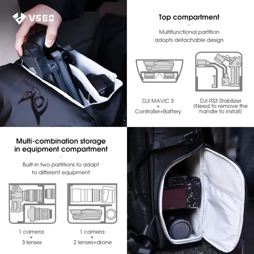 Miniatura 8 de VSGO Mochila negra para cámara Snipe de 16 litros, ligera, 2.4 lbs, bolsa de fotografía profesional DSLR/SLR para Sony, Canon, cámaras Nikon