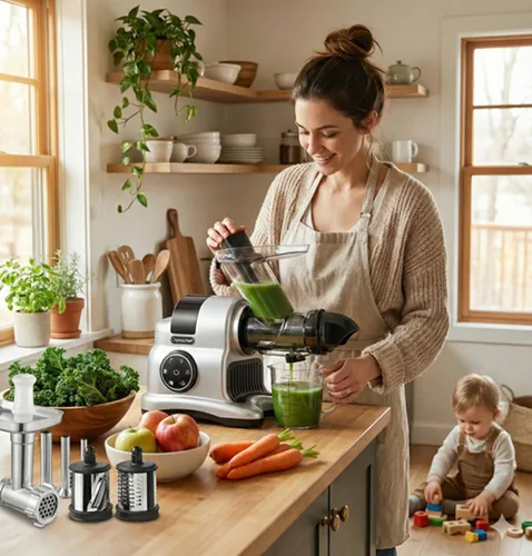 Miniatura 2 de Máquina exprimidora lenta 5 en 1, canal de alimentación de 3 pulgadas de ancho, alto rendimiento de jugo, fácil de limpiar, incluye picadora