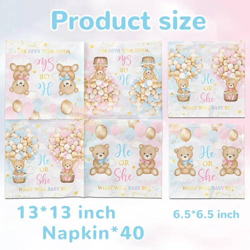 Miniatura 6 de Decoraciones de revelación de género con oso de peluche, servilletas temáticas de oso rosa y azul para baby shower de 40 piezas ¿Será niño o niña?