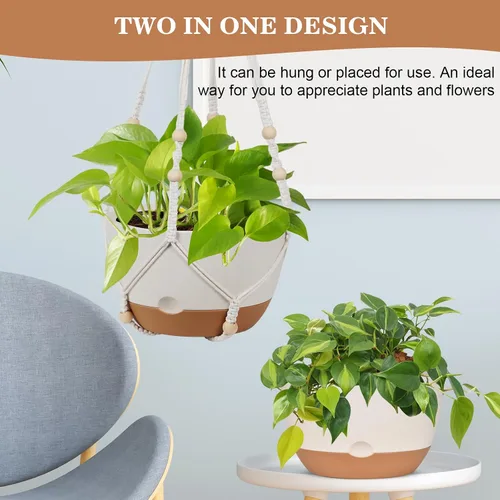 Miniatura 6 de Paquete de 3 macetas colgantes para plantas de interior, maceta colgante de riego automático de 10 + 10 + 8 pulgadas, colgador de plantas de macramé