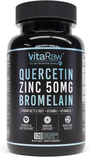 VitaRaw Cápsulas de quercetina con bromelina de 500 mg, apoya la respuesta inmunológica, la comodidad de las articulaciones y el bienestar general -