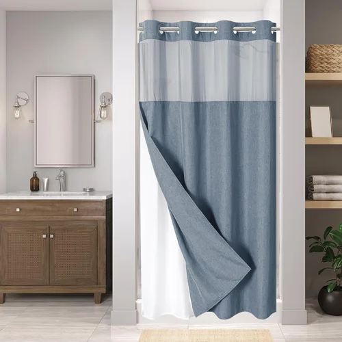 Miniatura 40 de eachope-Cortina de ducha de lino texturizado, forro de tela a presión, no necesita ganchos, ventana superior de malla, cal. hotelera de lujo, Crema