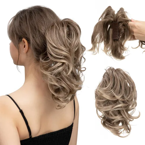 Miniatura 35 de CJL HAIR - Extensiones de cabello con pinza de garra para cola de caballo corta, trenza desordenada, sintéticas, maleables, para mujeres, cabello