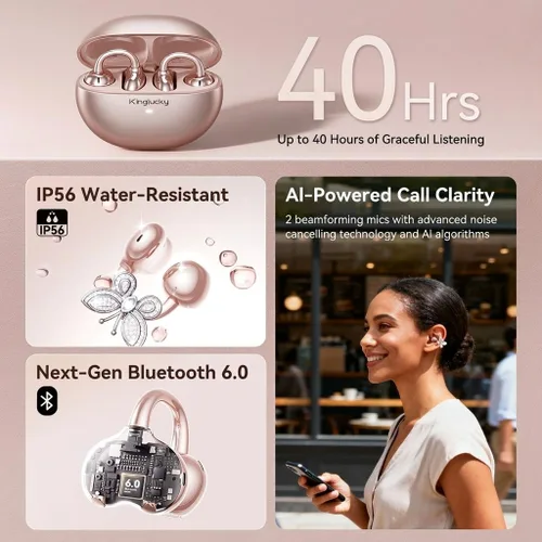 Miniatura 6 de Kinglucky Auriculares de oído abierto ClipFree con aretes de mariposa, auriculares ultracómodos y de ajuste seguro tipo clip, 50 horas de Oro rosa