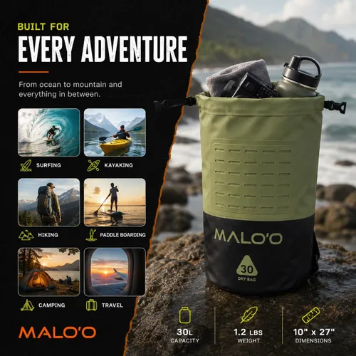Miniatura 6 de Malo’o Mochila de Bolsillo de 30L de Alta Resistencia 100% Impermeable con Tapa Enrollable – Mantiene el Equipo Seco para Pesca, Rafting, Kayak