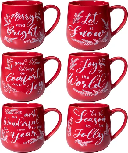 Juego de tazas de café navideñas de cerámica LEHAHA, juego de 6 tazas de 16 onzas para las fiestas, tazas de café para festivales con saludos