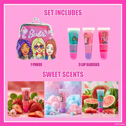 Miniatura 2 de Barbie - Paquete de 3 brillos de labios hidratantes con bolso, juego de maquillaje para niñas, perfecto para fiestas, fiestas de pijamas y regalos