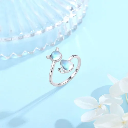 Miniatura 2 de CHENGHONG Anillo de plata de ley 925 con piedra de luna anillos de animales abiertos joyería de gato de la suerte regalos para mujeres y niñas
