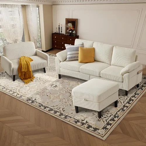 Miniatura 5 de Juego de sofá seccional de corduroy con otomano de almacenamiento y sofá cama, sofá en forma de L de 3 plazas con otomano de almacenamiento oculto