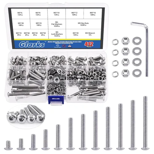 Miniatura 11 de Glarks 1021 tornillos de cabeza de botón M2 304 de acero inoxidable hexagonal, tornillos y tuercas arandelas kit surtido con llave hexagonal