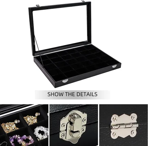 Miniatura 4 de Wudygirl Bandeja organizadora de joyas con tapa transparente de 30 rejillas, apilable, caja de almacenamiento de joyas, anillos, aretes, collares