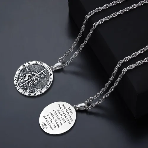 Miniatura 50 de Odinstone Collar de plata de ley 925 con medalla de San Miguel/San Cristóbal/San Benito/Crucifijo de Jesús/San Uriel/Arcángel Rafael para hombres