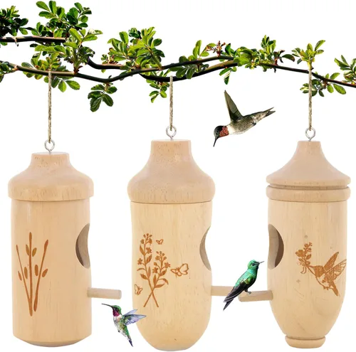 Hummingbird House - Casas de colibrí de madera natural para colgar en el exterior, regalos de jardinería para mujeres, amantes de los pájaros,