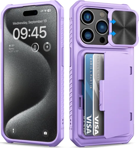 Miniatura 90 de BXYJY Funda tipo cartera para iPhone 15 Pro con tarjetero (4-5 tarjetas) y cubierta deslizante para cámara y soporte, protección contra caídas