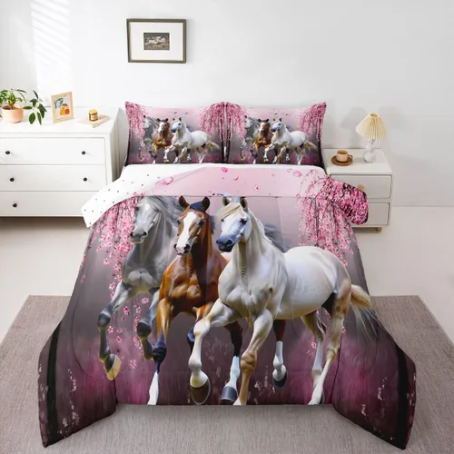 Miniatura 4 de Feelyou Juego de edredón tamaño individual con diseño de caballo y cerezo en flor de galope para niños, adolescentes, edredón occidental, decoración