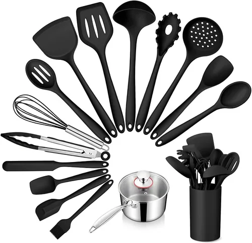 Homikit - Juego de utensilios de cocina y cacerola de silicona, 15 utensilios de cocina con soporte para utensilios de cocina antiadherentes con