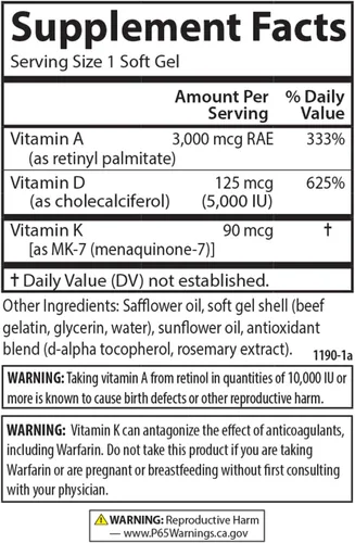 Miniatura 4 de Carlson - Vitaminas A, D3, K2, 3000 mcg RAE Vitamina A, 125 mcg de Vitamina D3, 90 mcg de Vitamina K2 como MK-7, Construcción de Huesos, Utilización