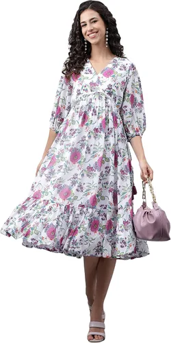 Miniatura 3 de Janasya Vestido acampanado con estampado digital Georgette blanco para mujer india