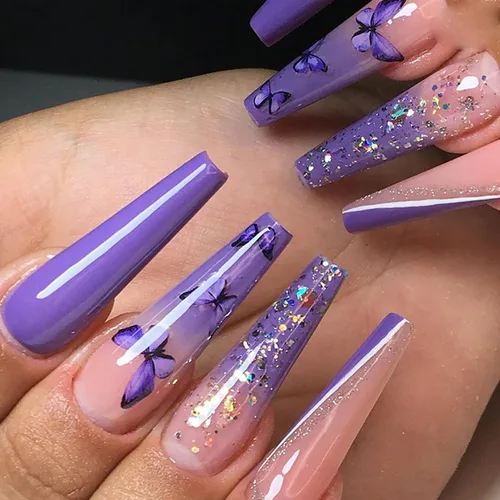 Uñas postizas de bailarina moradas de larga duración, 24 uñas postizas reutilizables de cobertura completa con pestañas adhesivas, uñas postizas
