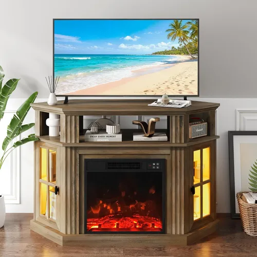 Miniatura 8 de YESHOMY Soporte esquinero para TV con chimenea para televisores de hasta 55" con gabinetes de almacenamiento, centro de entretenimiento, consola