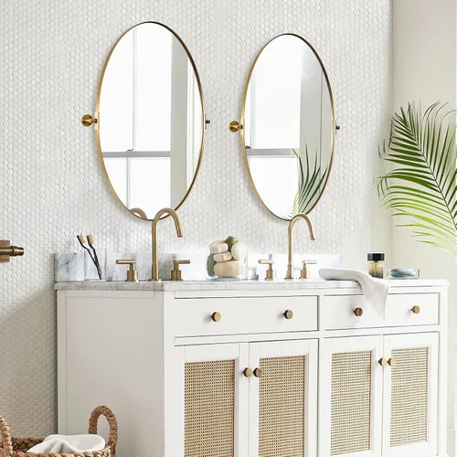 Miniatura 4 de MOON MIRROR Espejo de pivote ovalado dorado, espejo de tocador de baño de latón cepillado, espejo inclinable ovalado con marco fino de acero