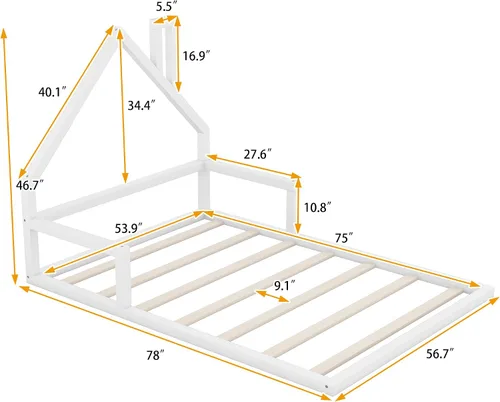 Miniatura 2 de Harper & Bright Designs Cama de suelo de tamaño matrimonial con cabecera en forma de casa, marco de cama Montessori, cama de plataforma, cama