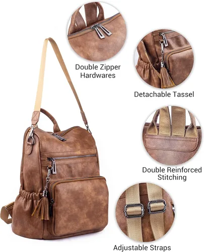 Miniatura 4 de Mochila de cuero para mujer, diseño de moda, bolsa de hombro convertible con borlas, Marrón, Mochilas Tote