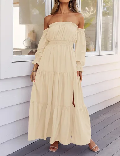 Miniatura 63 de ZESICA - Vestido largo, bohemio y sexy, con hombros descubiertos y manga larga fruncida, con elástico fruncido, cintura alta y abertura lateral