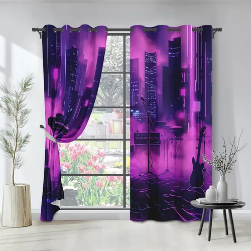 Miniatura 5 de Neon Synthwave Kitchen Curtains 2 Panels, Neon Cyberpunk Blackout Curtains Thermal Insulated Small Window Curtains, Colorful Futuristic Drapes